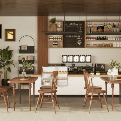 侘寂风咖啡厅_咖啡操作台_餐桌椅组合_书架_绿植_置物架
