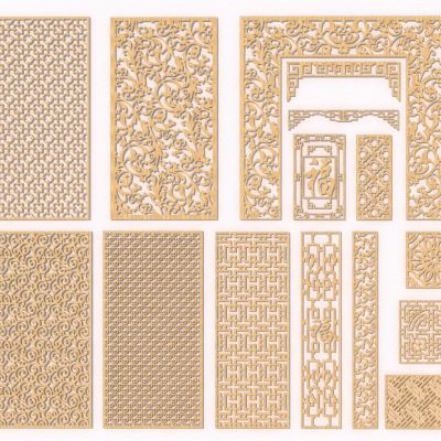 新中式实木雕花板屏风隔断3D模型