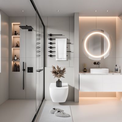 现代卫生间 马桶 浴室柜 洗脸盆 镜柜 玻璃隔断