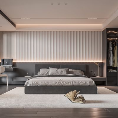 现代卧室 双人床 饰品 休闲椅 床头吊灯 无主灯造形吊顶 衣柜
