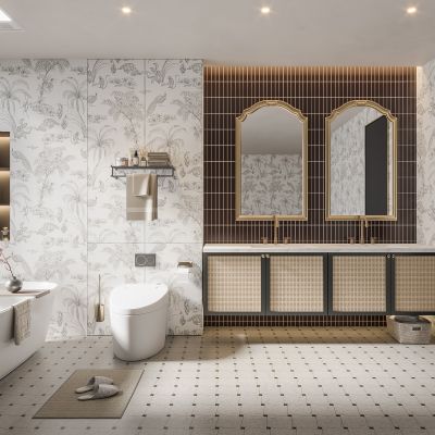 法式卫生间 马桶 浴室柜 洗脸盆 智能镜 浴缸