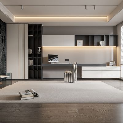 现代书房 书柜 书桌 椅子 装饰品