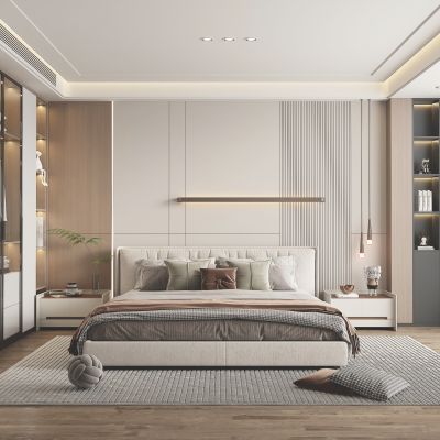 现代简约家居卧室 床 衣柜 主卧 床头柜 轻奢 