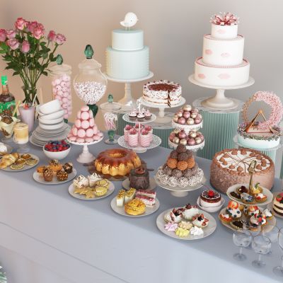 茶歇 食物饮料 餐桌取餐台 果汁茶点 甜品台 蛋糕面包组合