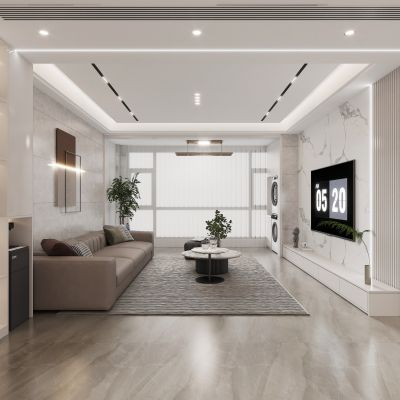 现代客厅 电视背景墙 电视墙 无主灯吊顶 沙发 墙饰 梦幻帘