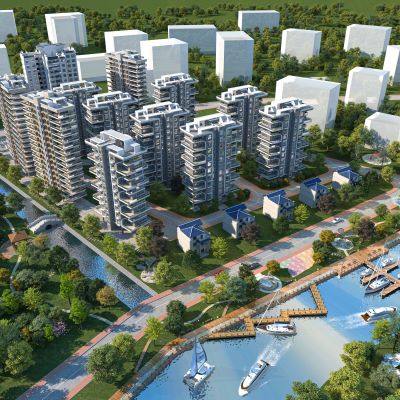 现代建筑鸟瞰公园景观水景