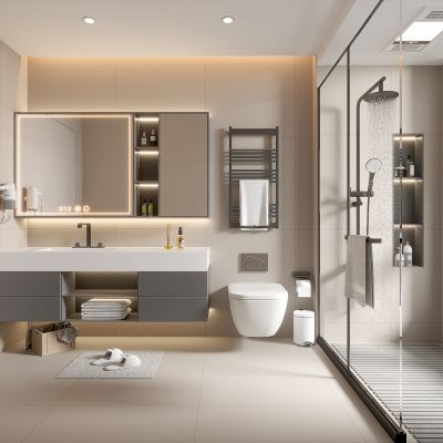 现代家居卫生间 浴室 厕所 洗手台 浴室柜 毛巾架 镜子 淋浴房 花洒
