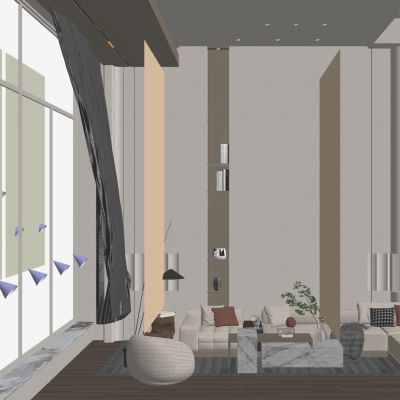 简约奶油原木风别墅挑空客厅