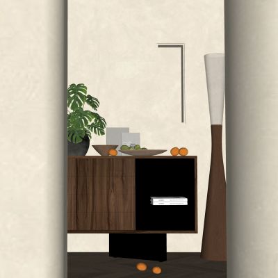 侘寂风格装饰柜_装饰品_植物_落地灯_水果