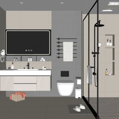 现代家居卫生间 浴室 厕所 洗手台 浴室柜 毛巾架 镜子 淋浴房 花洒