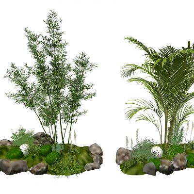 3d现代室内组团小景模型  现代植物堆 球形灌木 苔藓球  带花灌木植物组合