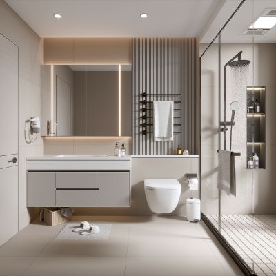 现代家居卫生间 浴室 厕所 洗手台 浴室柜 毛巾架 镜子 淋浴房 花洒