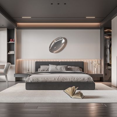 现代卧室 双人床 饰品 休闲椅 床头吊灯 无主灯造形吊顶 衣柜