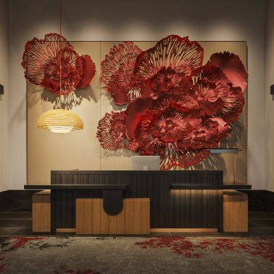 成都温江悦椿酒店前台 服务台 背景墙 挂饰