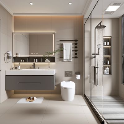 现代家居卫生间 浴室 厕所 洗手台 浴室柜 毛巾架 镜子 淋浴房 花洒