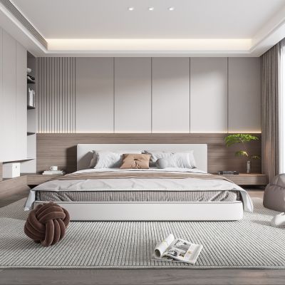 现代卧室 双人床 饰品 休闲椅 床头吊灯 无主灯造形吊顶 衣柜