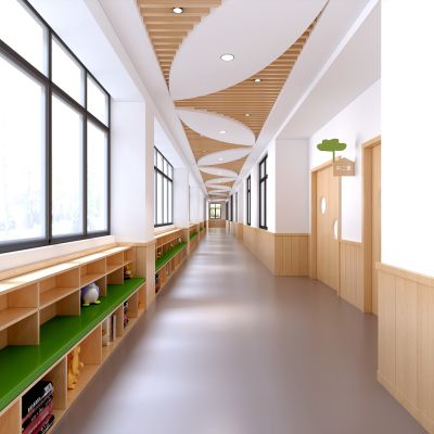 现代幼儿园过道 过道 走廊 活动区 活动柜 书柜 储藏柜 教室