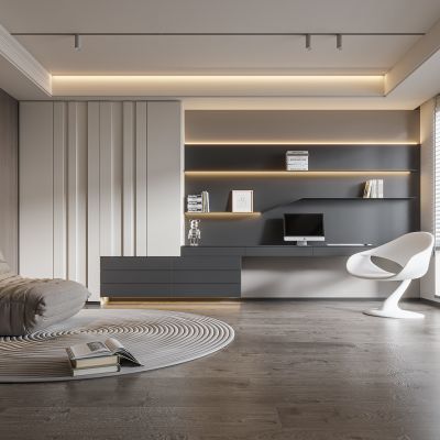 现代书房 书柜 书桌 椅子 装饰品