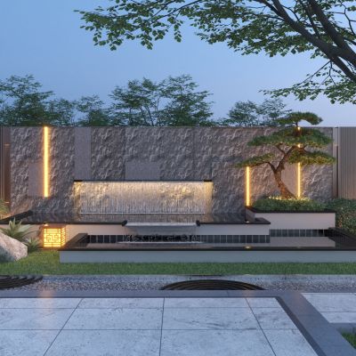 新中式跌水景墙3D模型