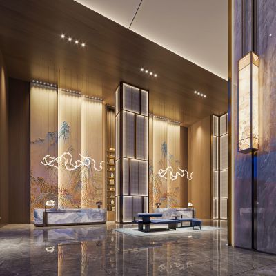 新中式酒店大堂前台 接待台 服务台