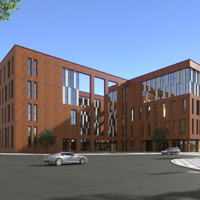 现代办公楼外观，汽车，植物