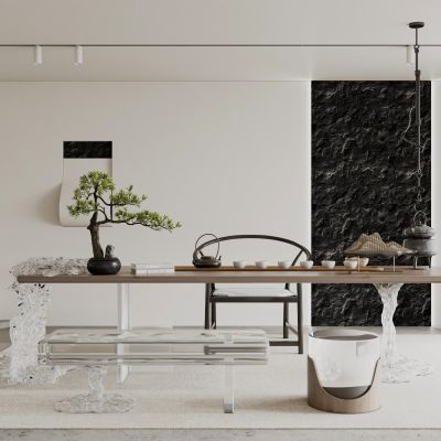 现代茶室水晶桌茶桌椅组合书房