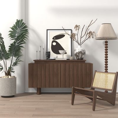 侘寂玄关柜，休闲椅,落地灯，植物