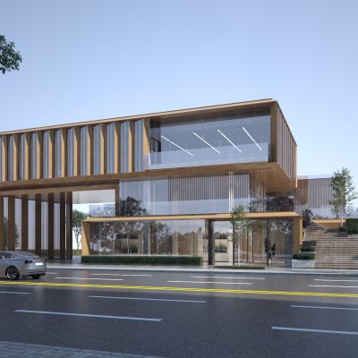 现代办公楼外观，汽车，植物