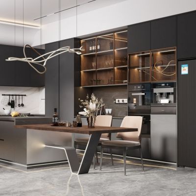 极简开放式厨房黑色系_岛台_蒸烤箱_嵌饮机_冰箱_橱柜