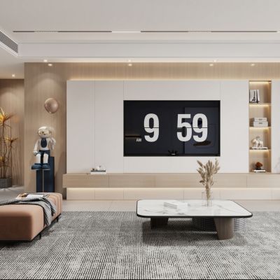 现代原木客厅_悬空电视柜背景_沙发茶几