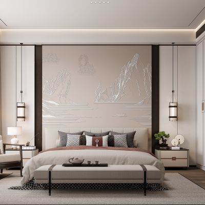 新中式卧室 双人床 床头柜 衣柜 脚踏 饰品摆件 无主灯