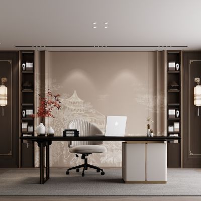 新中式书房 书桌椅 书柜