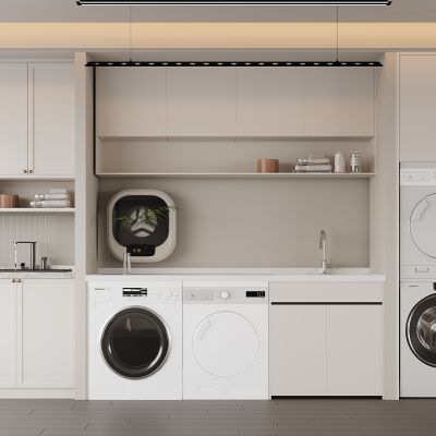 现代阳台洗衣房 洗衣机柜 洗衣机 晾衣架