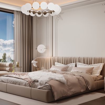 法式卧室 双人床 休闲椅 床头柜 吊灯