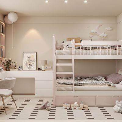 现代女孩儿童房 书桌椅 装饰画 摆件 地毯 玩偶