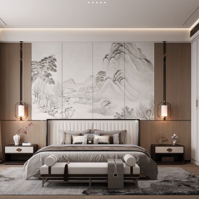 新中式卧室 双人床 床头柜 衣柜 脚踏 饰品摆件 无主灯