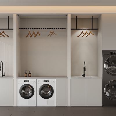 现代阳台洗衣房 洗衣机柜 洗衣机 晾衣架