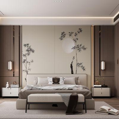 新中式卧室 双人床 床头柜 衣柜 脚踏 饰品摆件 无主灯