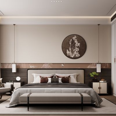 新中式卧室 双人床  床头柜 衣柜 脚踏 饰品摆件 无主灯