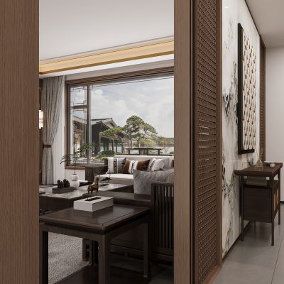 新中式客厅 沙发茶几组合 新中式沙发背景墙