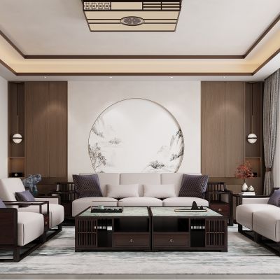 新中式客厅 沙发茶几组合 新中式沙发背景墙