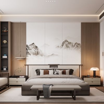 新中式卧室 双人床 床头柜 衣柜 脚踏 饰品摆件 无主灯