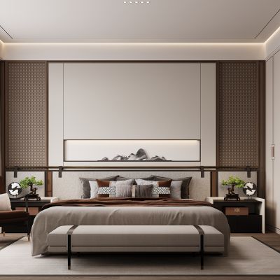 新中式家居卧室 双人床 休闲椅 床头柜 新中式衣柜