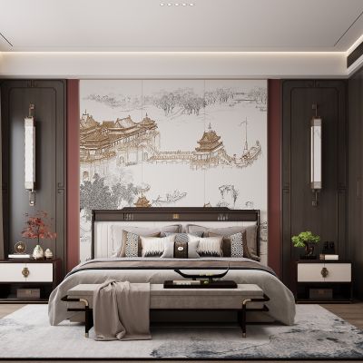 新中式卧室 双人床 床头柜 衣柜 脚踏 饰品摆件 无主灯
