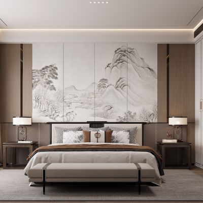 新中式卧室 双人床 床头柜 衣柜 脚踏 饰品摆件 无主灯