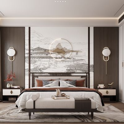 新中式卧室 双人床 床头柜 衣柜 脚踏 饰品摆件 无主灯