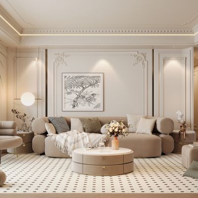 法式客厅 沙发 单椅 茶几 窗帘 地毯 饰品 吊灯 挂画