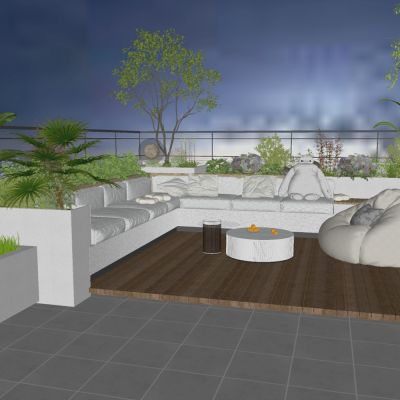 现代屋顶花园 阳台景观 户外庭院 植物组合 黄昏阳台 露台景观