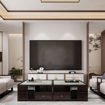 新中式客厅 沙发茶几组合 新中式电视背景墙