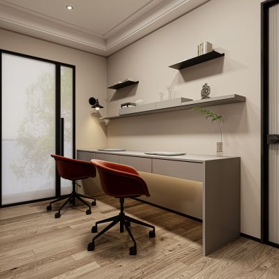 现代书房，书房，书桌，书柜